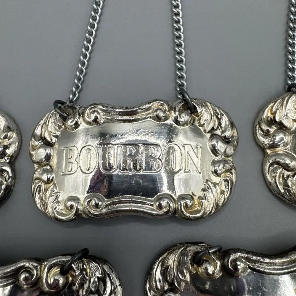 Vintage MC Delli Inc Silver Plate Decanter Liquor Tags Labels Set of 5 Japan